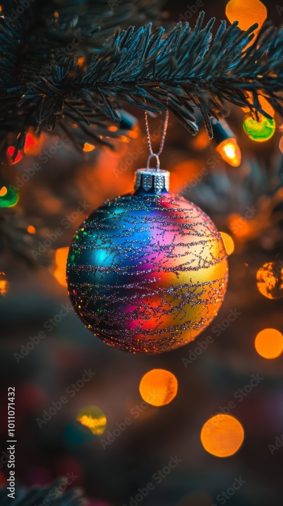 Fototapeta premium Christmas ornament hanging from a christmas tree branch sparkling at night