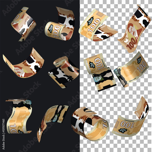 Vector illustration of set of Canadian Dollar notes flying in different angles and orientations. Currency note design in Scalable eps format