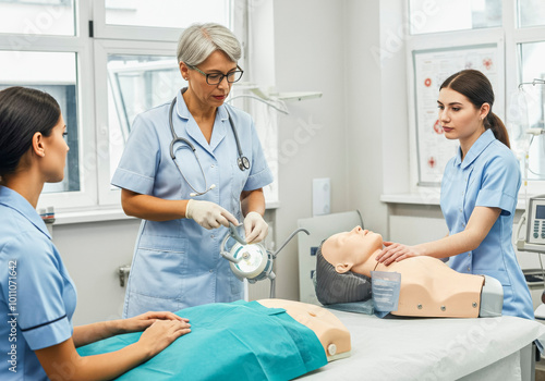 Medical training session with nurses practicing cpr on mannequins in a hospital setting