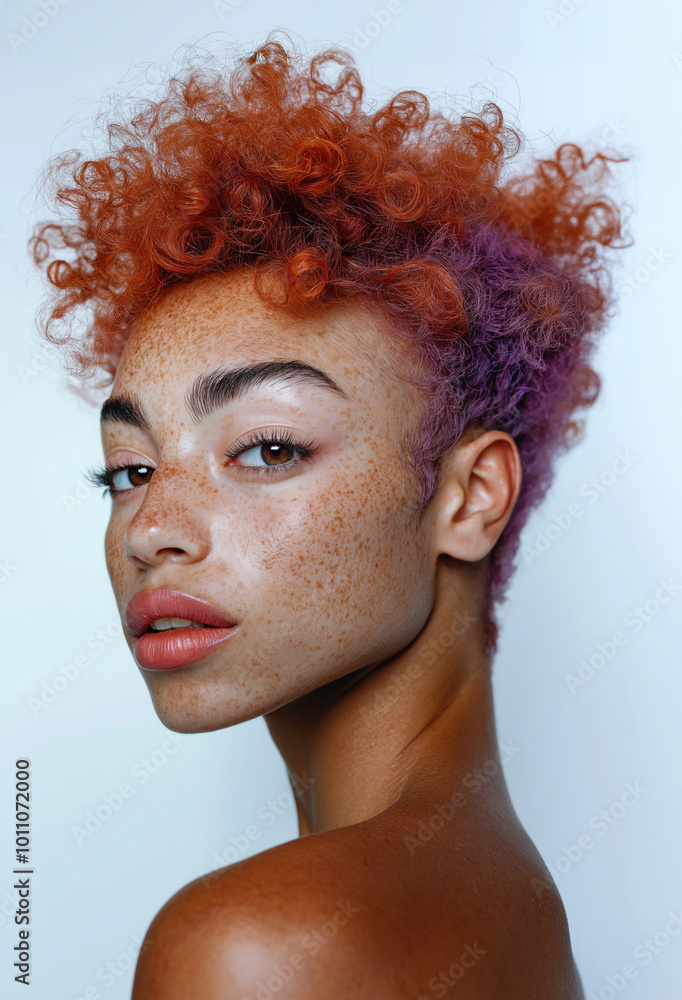 custom made wallpaper toronto digitalA stunning close-up portrait of a freckled woman with curly red hair and blue eyes, highlighting her natural beauty and unique features with a bold, confident expression