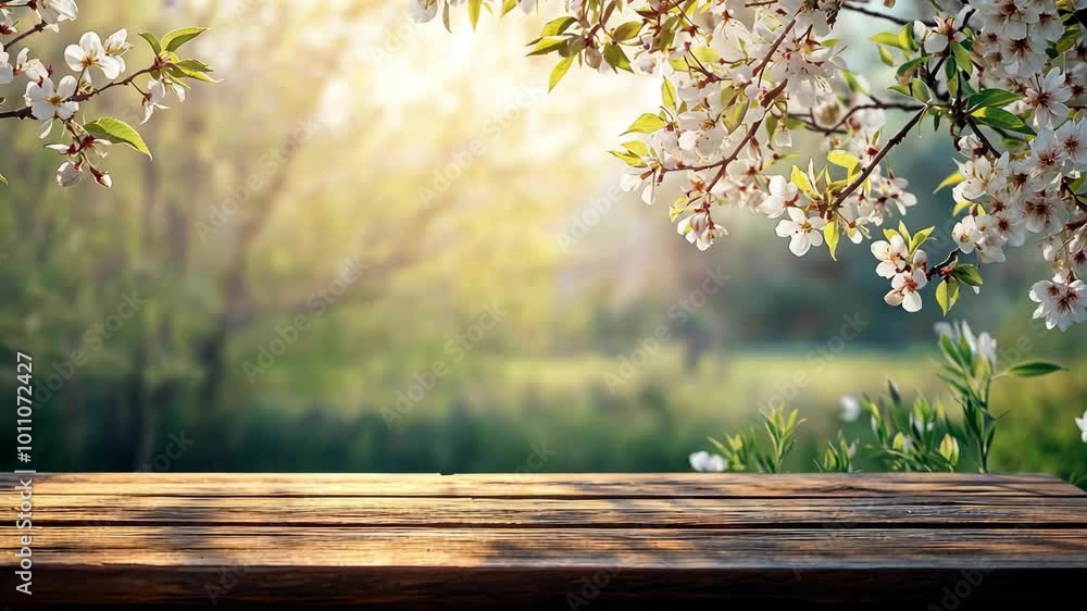 A wooden table sits in a sunny forest, with a blooming tree branch overhead A wooden table sits in a sunny forest, with a blooming tree branch overhead