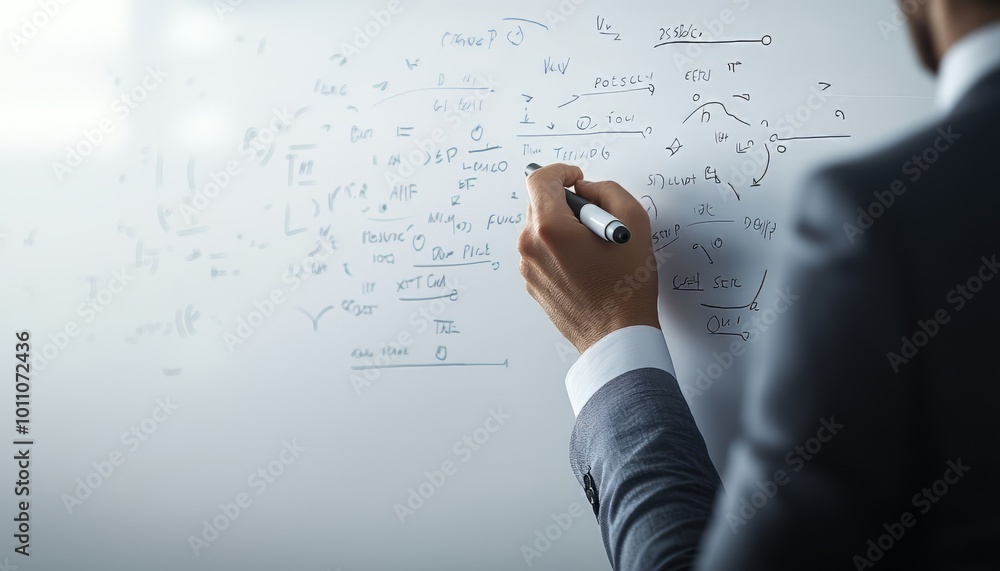 A professional in a suit writes complex equations on a transparent board, illustrating concepts of science and innovation. A professional in a suit writes complex equations on a transparent board, illustrating concepts of science and innovation.