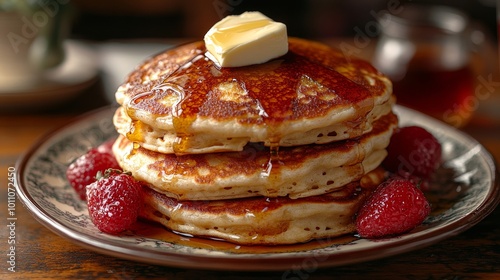 Stack of fluffy pancakes dripping with syrup for breakfast