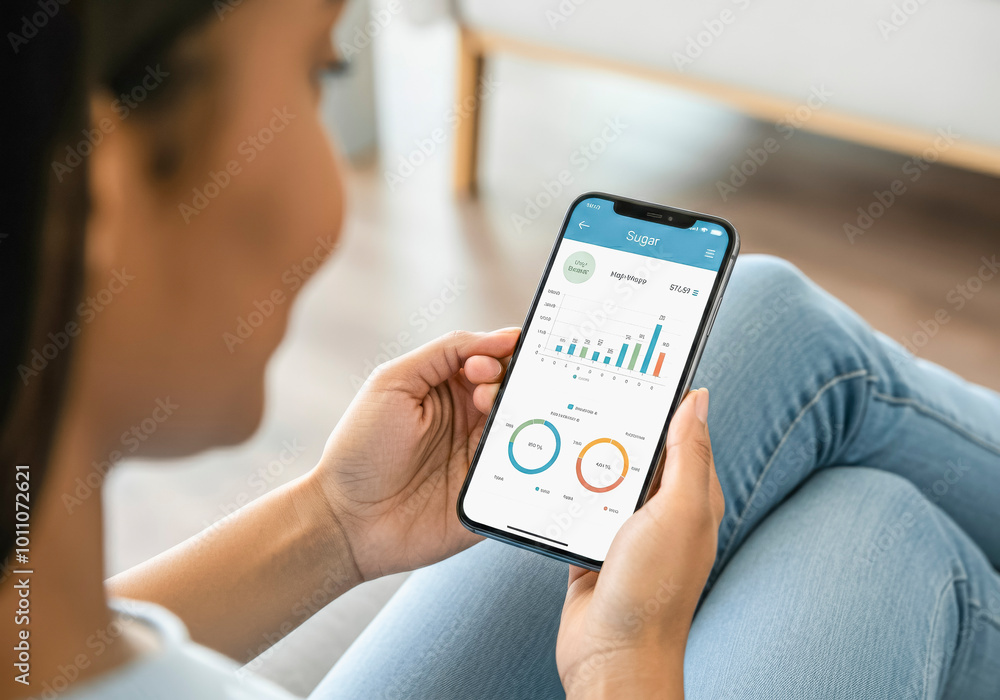 Woman analyzing health app data on smartphone at home for better wellness insights Woman analyzing health app data on smartphone at home for better wellness insights