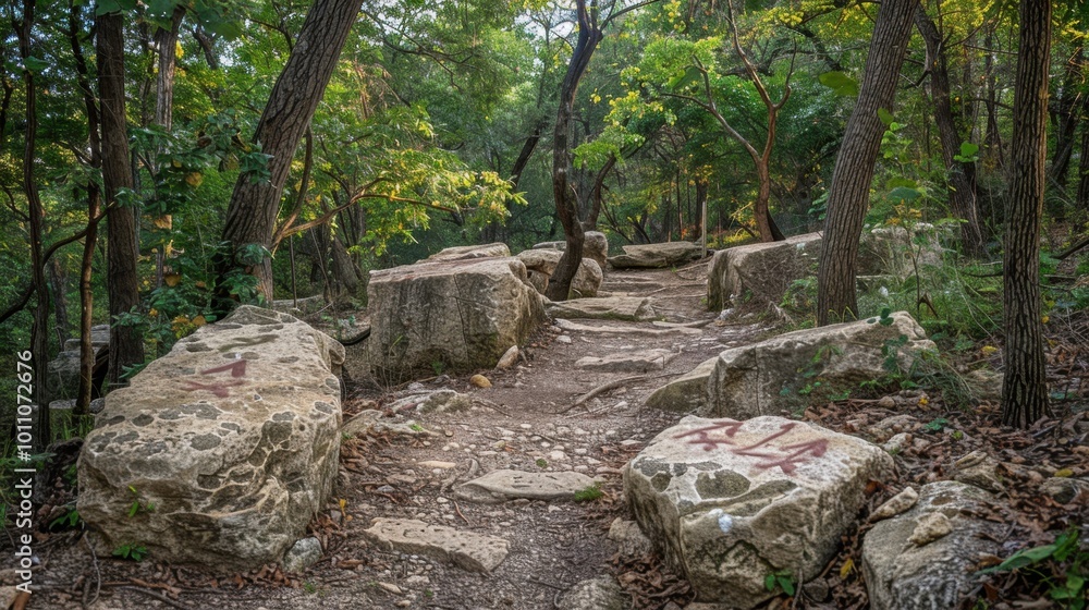 A serene landscape with a pathway marked by directional arrows painted on rocks, inviting adventurers to explore the beauty of nature's trails. A serene landscape with a pathway marked by directional arrows painted on rocks, inviting adventurers to explore the beauty of nature's trails.