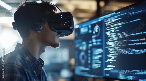 Man wearing VR headset looking at computer code. photo