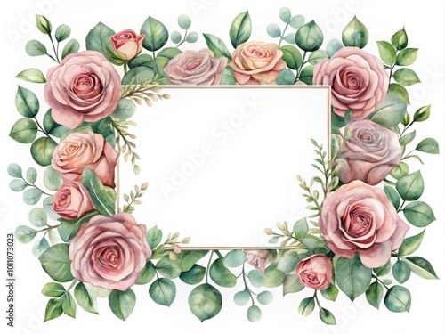 Delicate dust pink roses and lush eucalyptus leaves create a stunning watercolor rectangle frame, perfect for enhancing