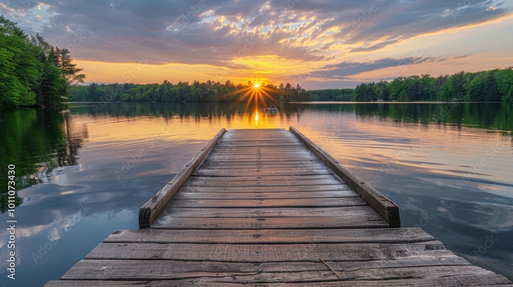 Obraz premium Serene Sunset Over Calm Lake with Wooden Dock