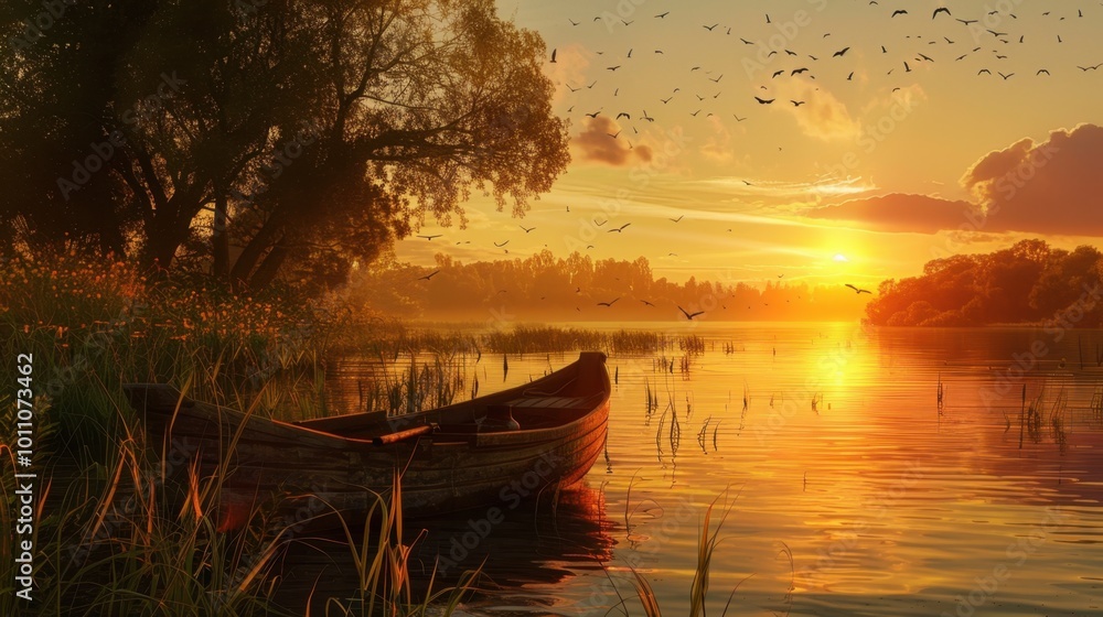 Fototapeta premium Serene Sunset Over Calm Lake with Rowboat