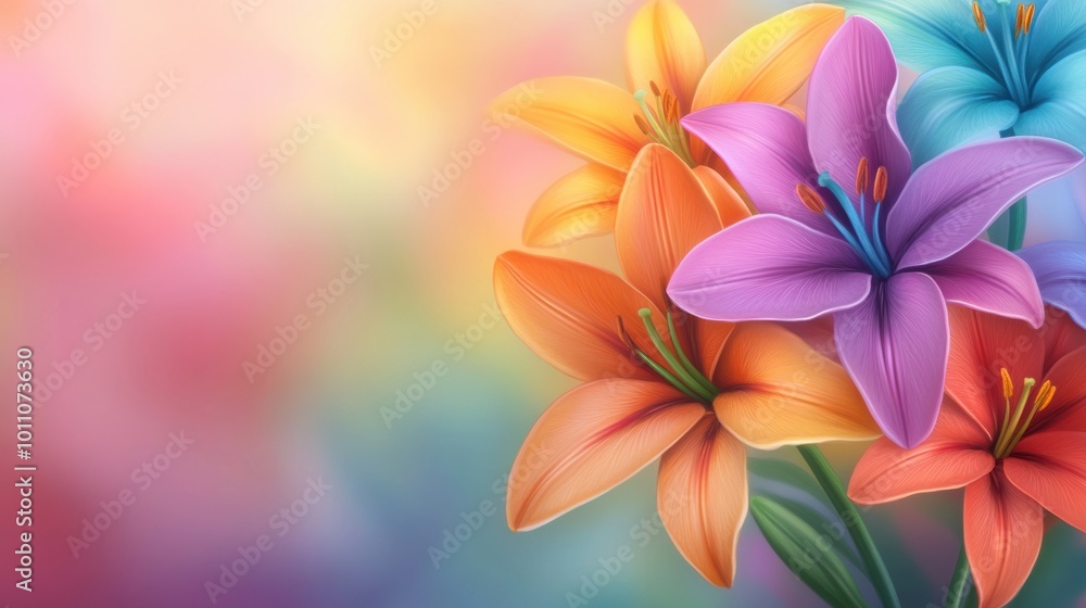 Fototapeta premium Vibrant Bouquet of Colorful Lilies Against a Soft Pastel Background, AI