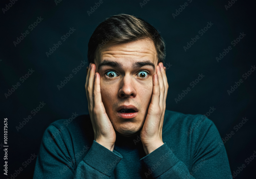 Surprised man with hands on face against dark background Surprised man with hands on face against dark background