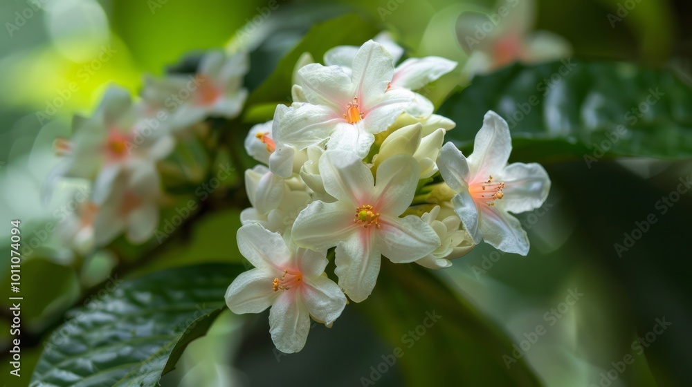 Interspersed among the fruits are small, delicate white flowers with pink centers. Interspersed among the fruits are small, delicate white flowers with pink centers.