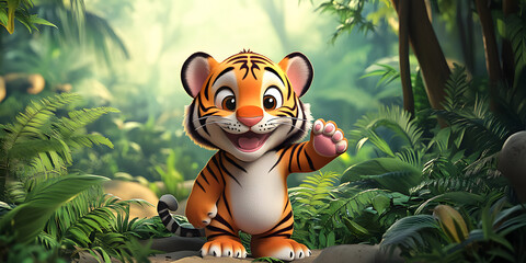 Playful cartoon tiger character in a jungle setting, tiger, cartoon, character, playful, jungle, wild, animal,fun, cute