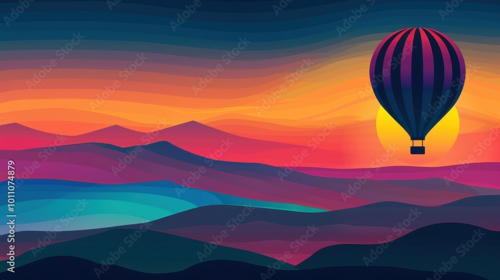 Fototapeta premium Colorful Sunset with Hot Air Balloon in Landscape