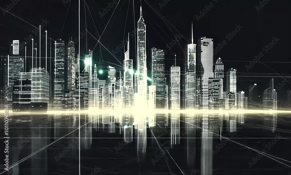 A futuristic city skyline with digital elements and reflections. A futuristic city skyline with digital elements and reflections.