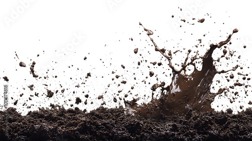 A splash of brown mud against a white background with a large spray of dirt coming from the center.