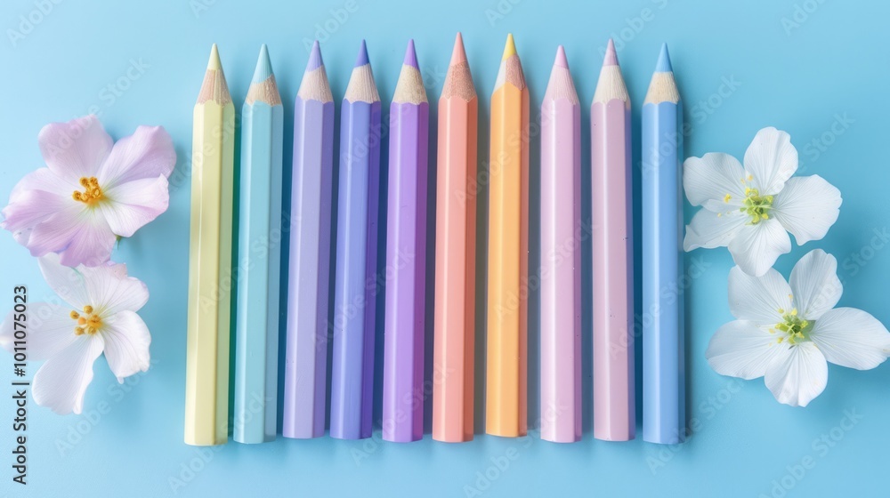 The image shows a row of colored pencils arranged side by side. The combination of the pastel colors and flowers creates a soft, feminine, and visually pleasing composition The image shows a row of colored pencils arranged side by side. The combination of the pastel colors and flowers creates a soft, feminine, and visually pleasing composition