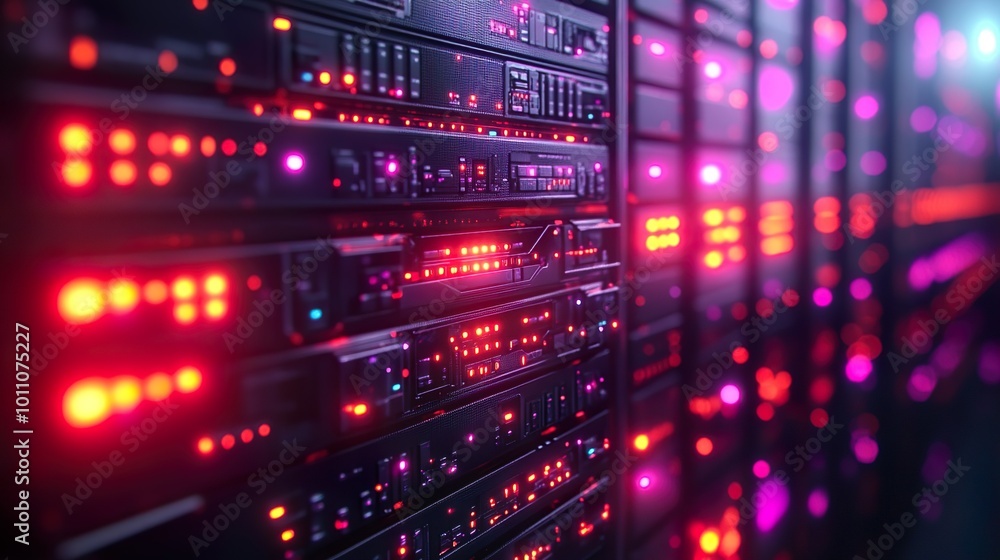 Modern data center with glowing pink and purple LED lights on server racks, emphasizing advanced network infrastructure and digital connectivity Modern data center with glowing pink and purple LED lights on server racks, emphasizing advanced network infrastructure and digital connectivity