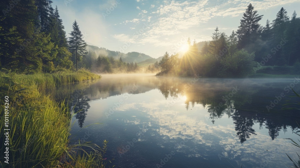 Fototapeta premium Serene Sunrise Over Misty Lake in Peaceful Landscape