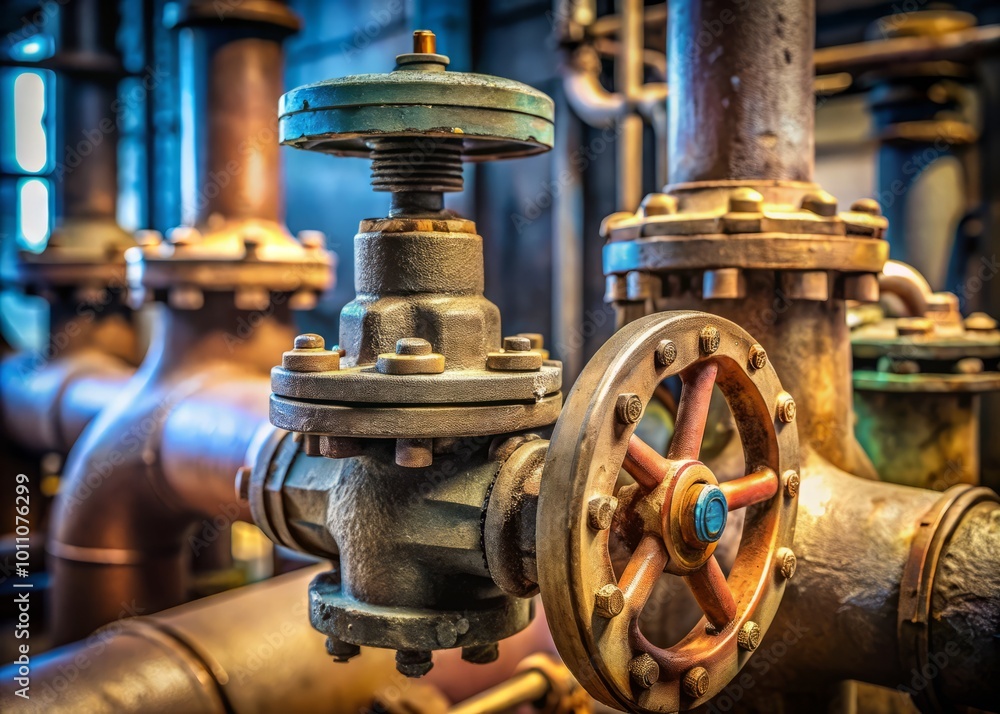 Detailed close-up of an aged steam trap valve on a pipe connection, showcasing its industrial design and the