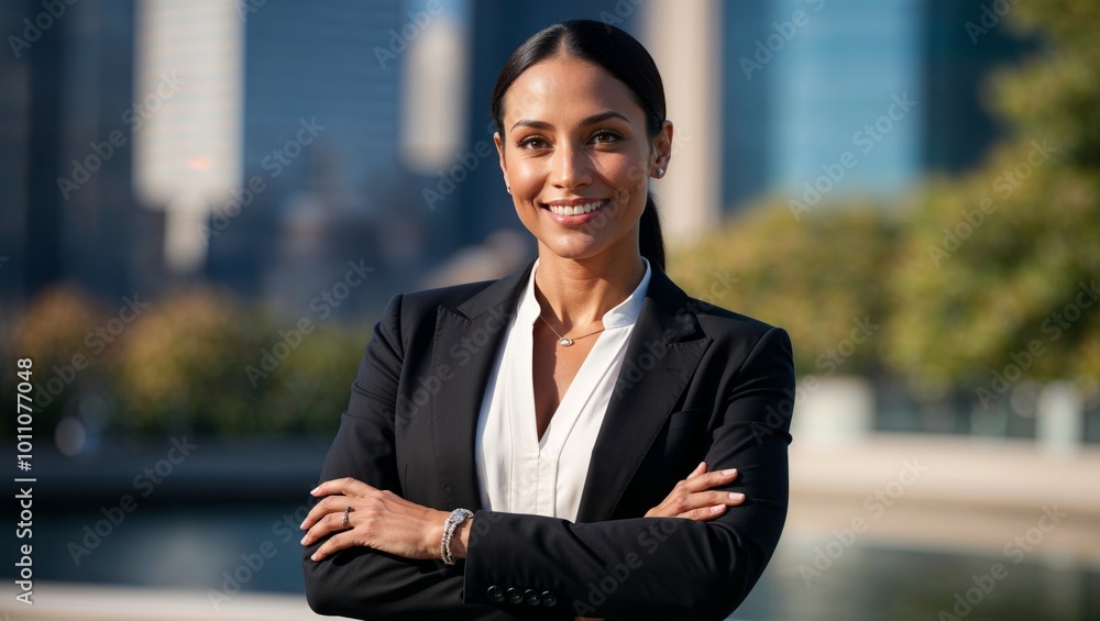 young businesswoman smiling at camera in the city