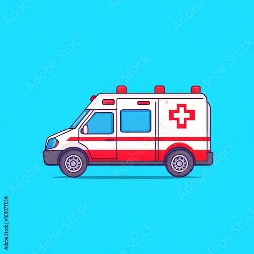 Vector illustration of an ambulance on a bright blue background, symbolizing emergency medical services and healthcare.