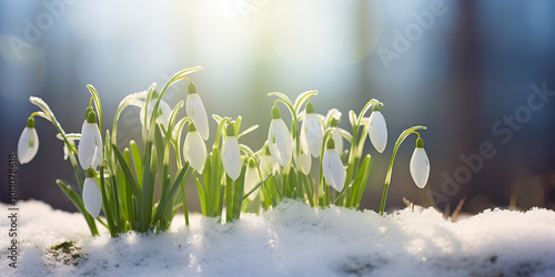 White snowdrops growth trought snowy ground. photo