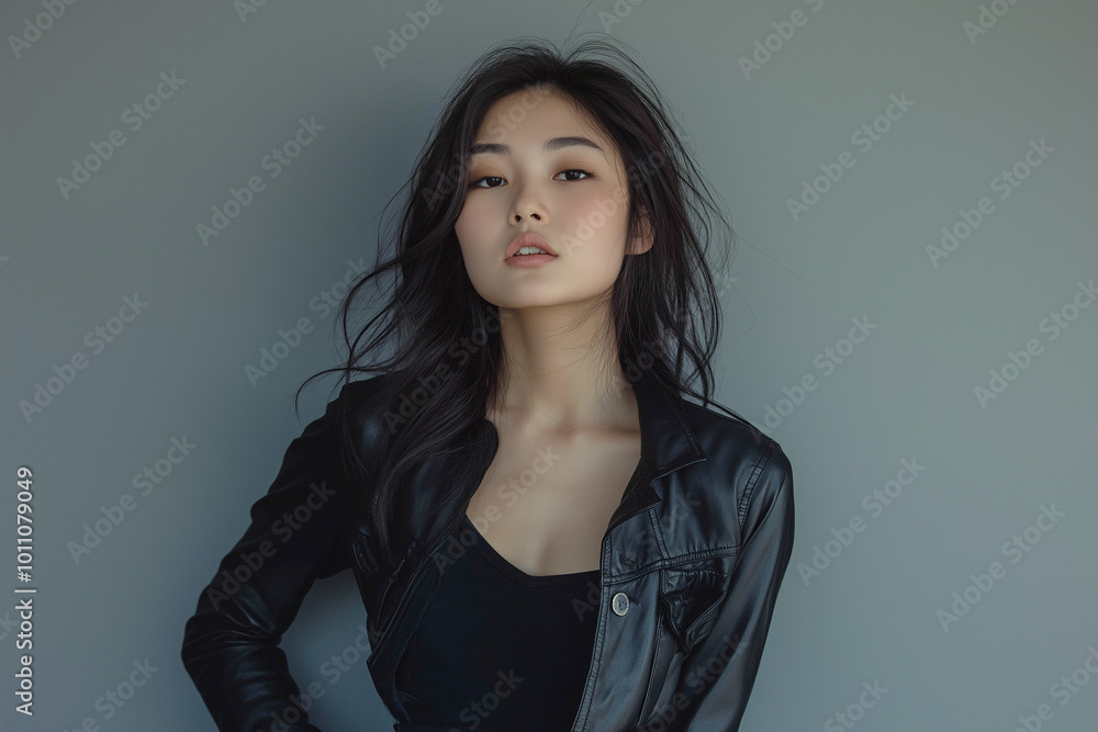Obraz premium Asian fashion model in leather jacket, woman posing confidently in studio on gray background. Advertising banner.