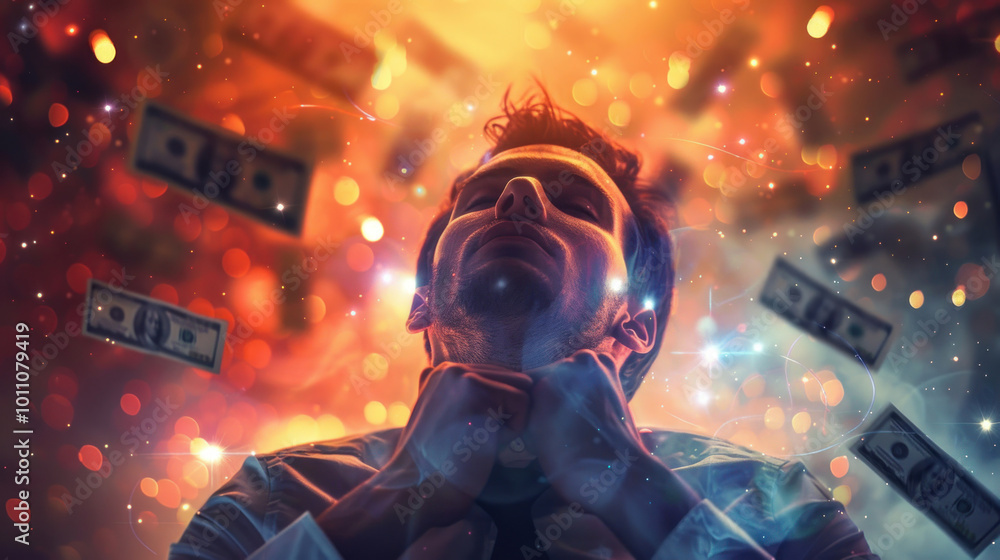A business leader dreaming of future success, with glowing symbols like money, graphs, and achievements floating around them. A business leader dreaming of future success, with glowing symbols like money, graphs, and achievements floating around them.