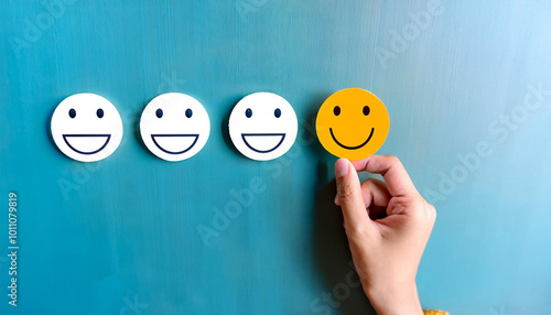 happy smiley face,Promoting Positive Mental Health: Hand Holding Blue Paper Cut Happy Smile Face for World Mental Health Day,Hands holding a happy smiley face paper on blue background, 