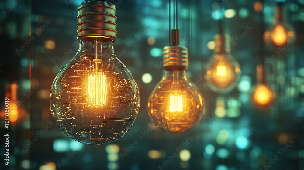 bright modern light bulbs in a digital background showcasing energy-efficient LED lighting and futuristic smart technology in an eco-friendly and innovative illumination concept