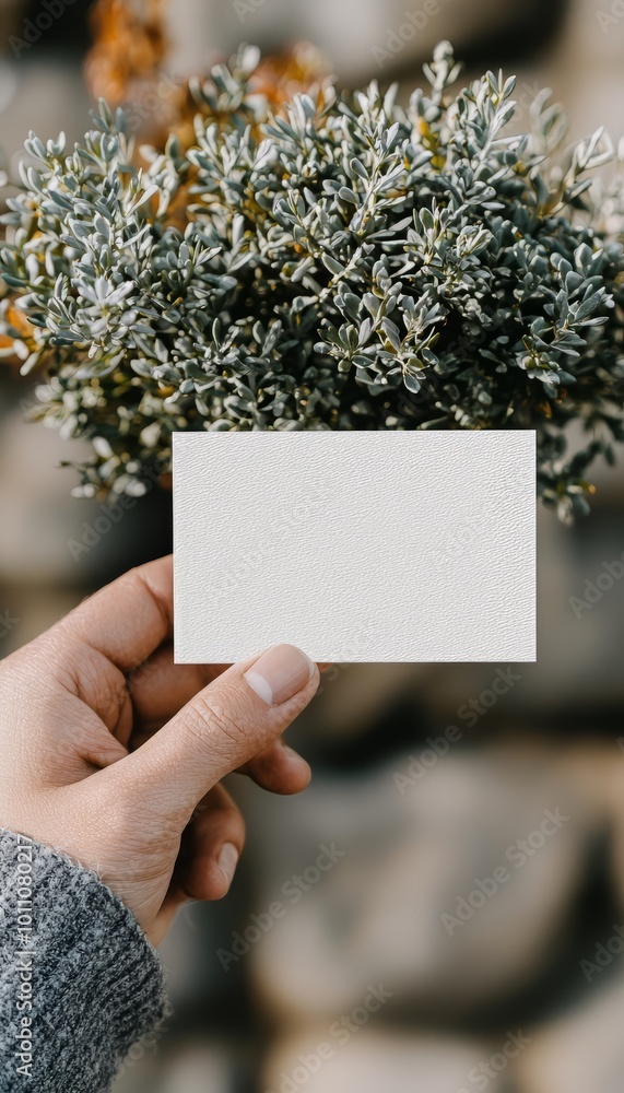 A hand holds a blank card against a backdrop of lush greenery, perfect for personalization or branding purposes. A hand holds a blank card against a backdrop of lush greenery, perfect for personalization or branding purposes.