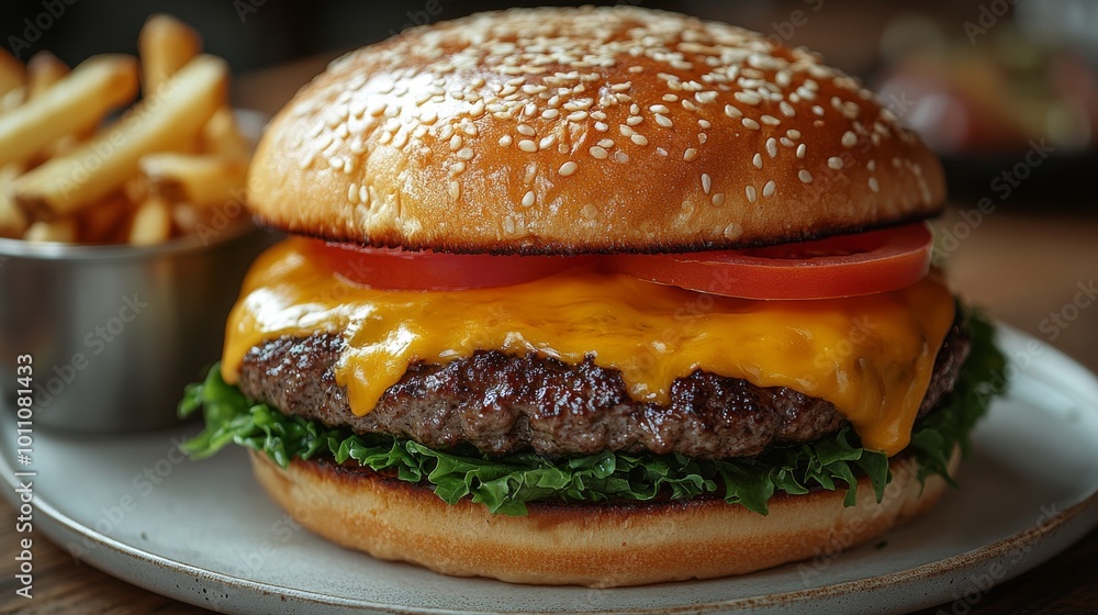 Delicious cheeseburger with french fries sitting on plate Delicious cheeseburger with french fries sitting on plate