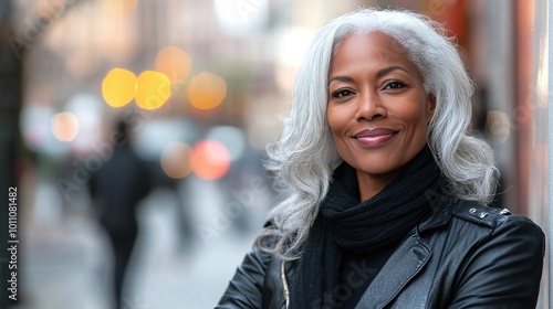 white-haired black mature woman smiling and posing confidently in a city street looking at the camera highlighting her grace beauty and vibrant personality in a stylish and modern urban environment