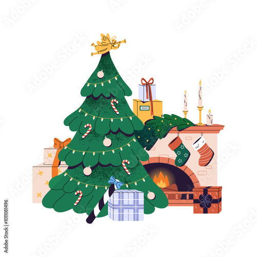 Christmas tree is decorated with garland, candy canes. Xmas pine, festive gift boxes near fireplace. New year home interior. Winter holiday decoration. Flat isolated vector illustration on white