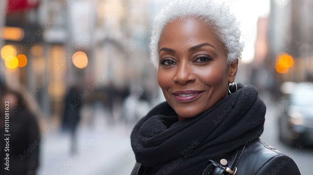 white-haired black mature woman smiling and posing confidently in a city street looking at the camera highlighting her grace beauty and vibrant personality in a stylish and modern urban environment white-haired black mature woman smiling and posing confidently in a city street looking at the camera highlighting her grace beauty and vibrant personality in a stylish and modern urban environment