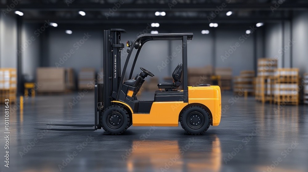 Yellow Forklift Maneuvering Between Stacks of Cardboard Boxes in a Spacious Warehouse Yellow Forklift Maneuvering Between Stacks of Cardboard Boxes in a Spacious Warehouse