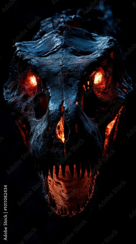 Naklejka premium Tyrannosaurus rex skull glowing in the dark with sharp teeth