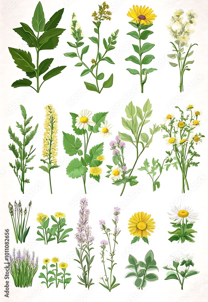 Naklejka premium Cartoon calendula, chamomile, aloe, mint leaf. Assorted green plants