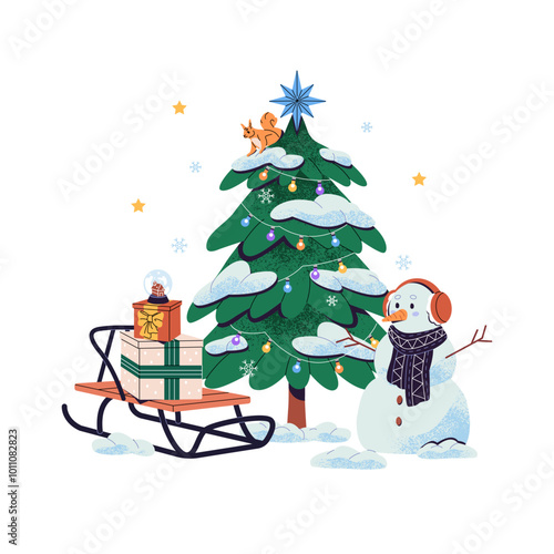 Christmas tree decorated with garland under snow. Xmas gift boxes on sled near pine, spruce. New Year firtree with snowman and snowflakes outdoor. Flat isolated vector illustration on white background