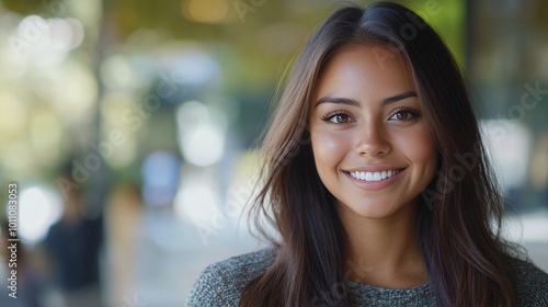 smiling young woman looking confidently at the camera in an attractive portrait showing beauty and cheerful expression highlighting her natural look in a modern and stylish setting