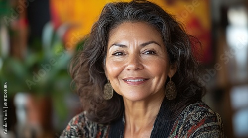 mature woman smiling at the camera in a close-up portrait showcasing confidence elegance and natural beauty highlighting her cheerful personality in a modern lifestyle setting