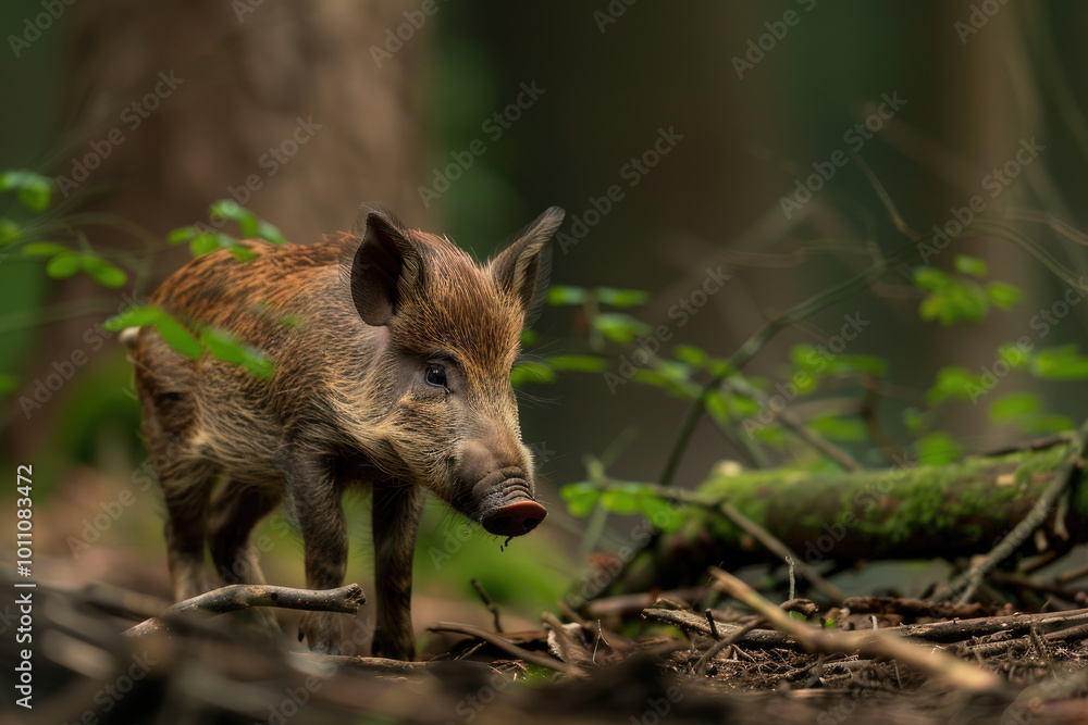 A wild boar exploring dense forest, surrounded by greenery and fallen branches, natural habitat