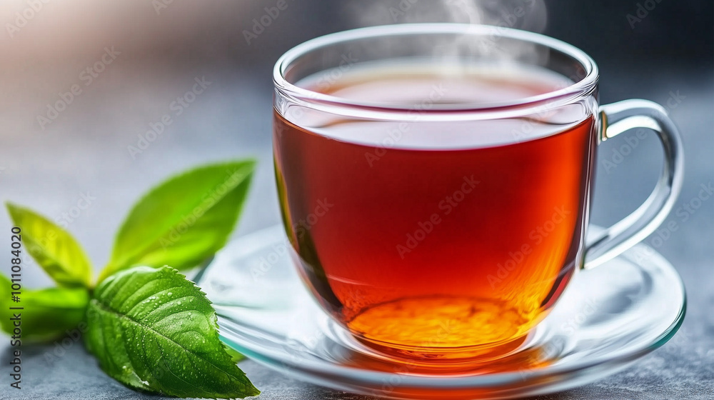 A cup of tea with green leaves next to it, just pure tea. Tea background template A cup of tea with green leaves next to it, just pure tea. Tea background template