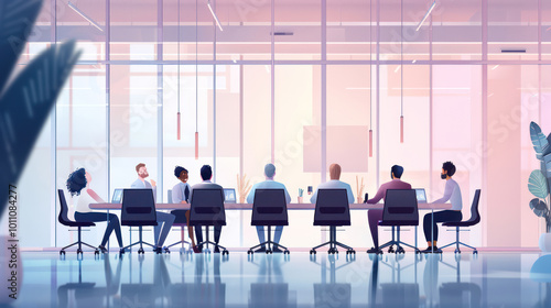 A corporate boardroom with equal representation of men and women leading a business meeting.