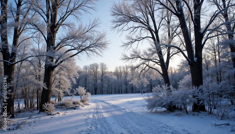 Frosty winter path surrounded by trees in a serene landscape at sunrise Frosty winter path surrounded by trees in a serene landscape at sunrise