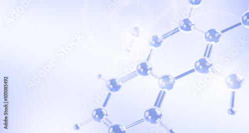 Fototapeta Naklejka Na Ścianę i Meble -  3d dna molecular structure on light blue background render. Abstract glass model of molecules and atoms. Hyaluronic acid or collagen serum skin care formula. Beauty cosmetic backdrop. 3D illustration