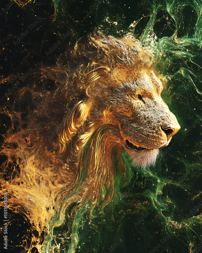 Naklejka premium A vibrant artistic depiction of a lion's head, featuring intricate details and bold textures, capturing the majestic and powerful essence of the animal.