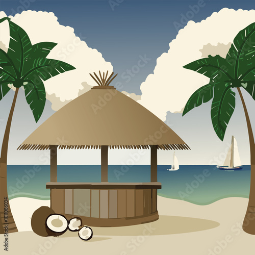 Seaside Coffee Shop Illustration. A Hut in Sea Beach with Palm Tree.