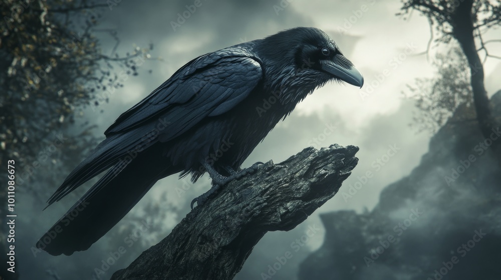 Naklejka premium Raven perched on branch in dark and misty forest
